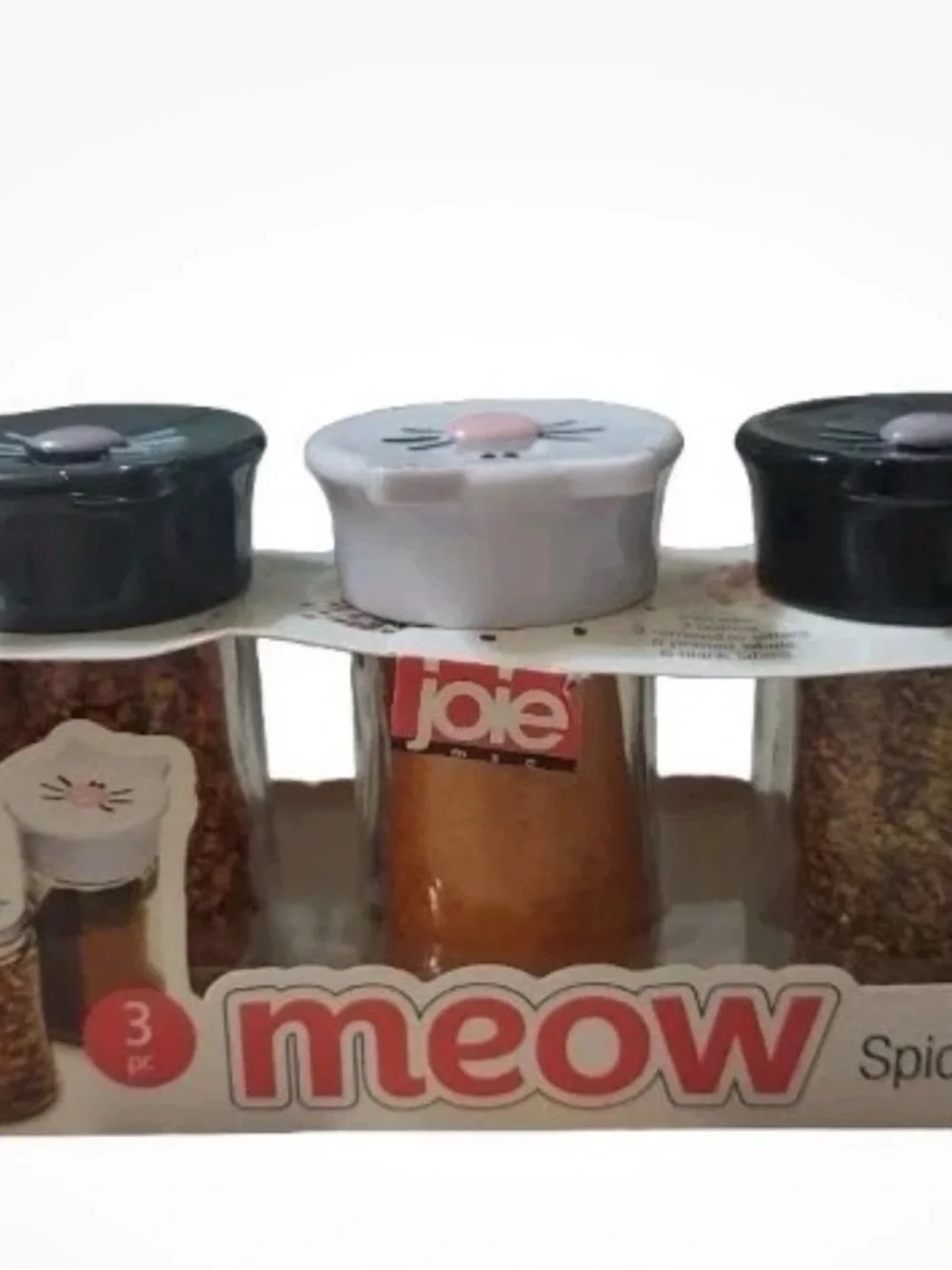 Joie Meow Cat Spice Jars - Black & White Lids with Pink Accents (3-Pack)